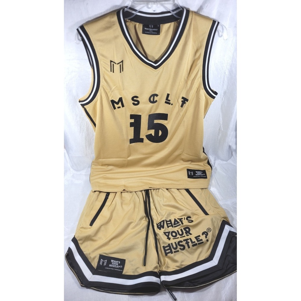 What's Your Hustle? Game Night Basketball Jersey Tank & Shorts Set - Tan - Small